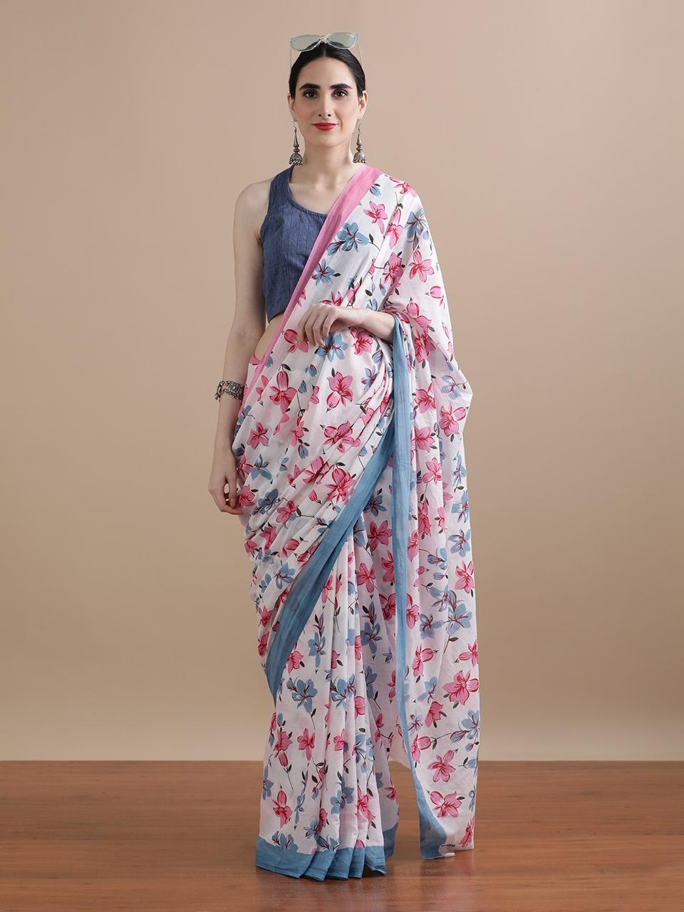 Pure Mulmul Cotton Hand Block Printed Saree With Running Blouse.