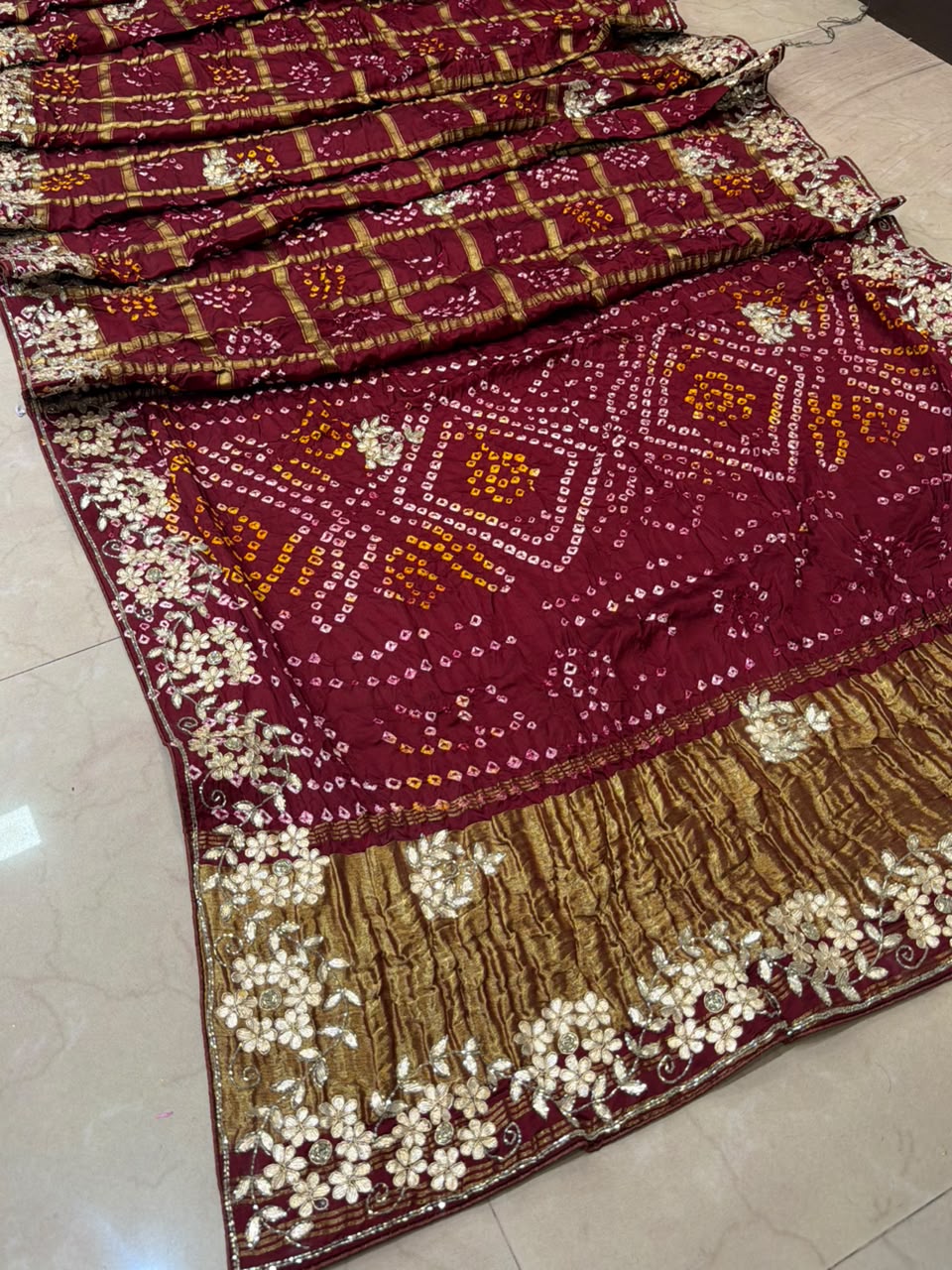 Pure Modal Gajji Silk Bandhej Hand work Gota Patti Work Saree.
