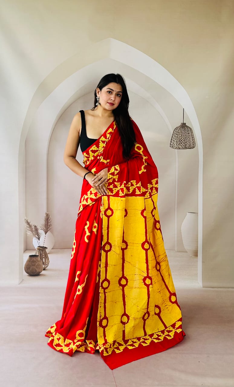 Pure Mulmul Cotton Hand Block Printed Saree With Running Blouse.