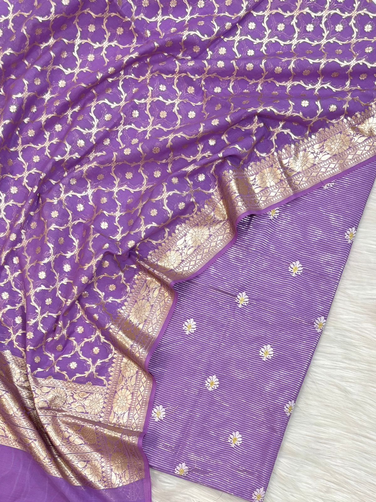 Chanderi Lorex Mini Stripes with Embroidery booti Work Unstitched Suit with Dupatta