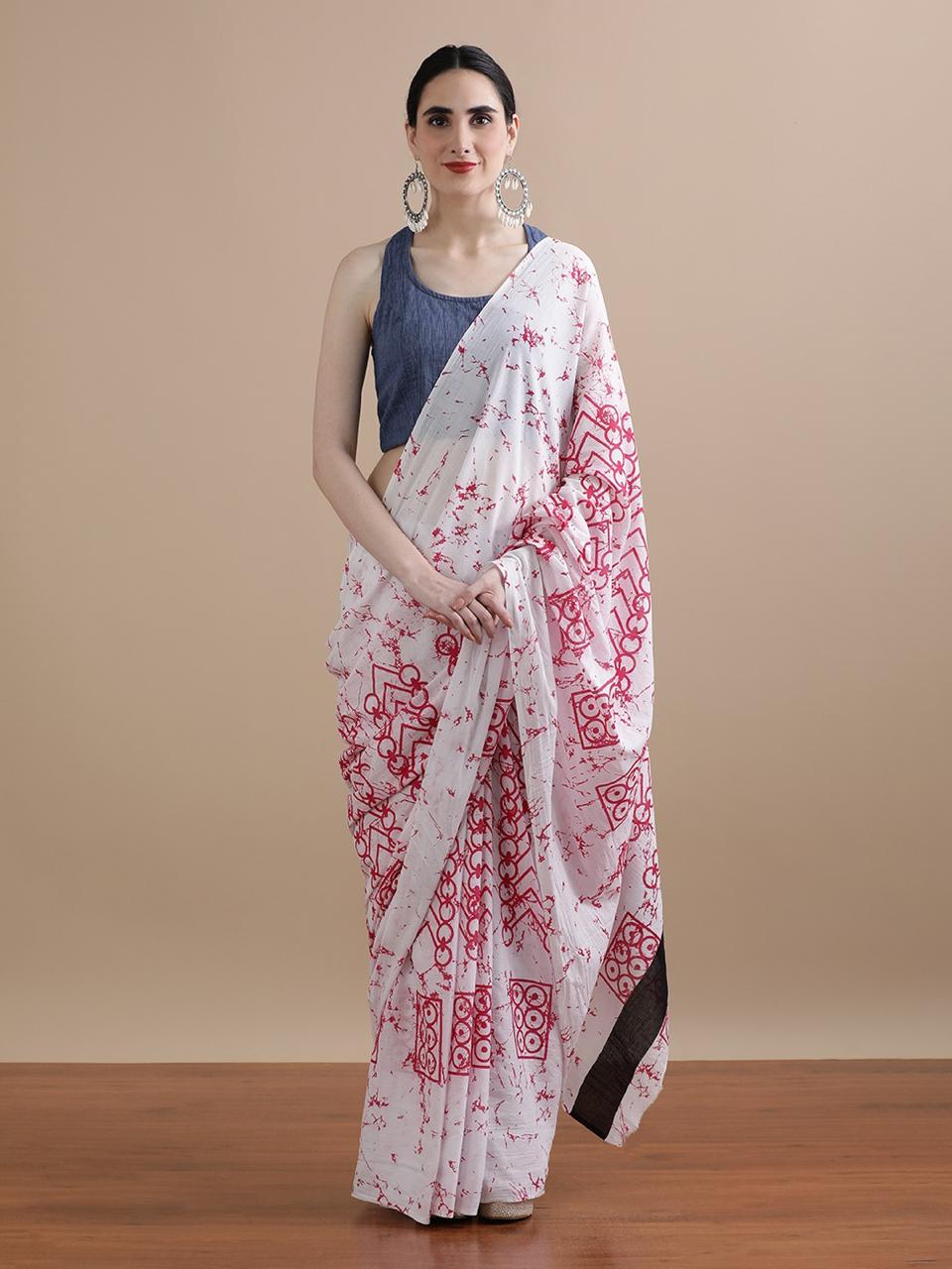Pure Mulmul Cotton Hand Block Printed Saree With Running Blouse.