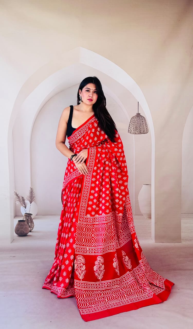 Pure Mulmul Cotton Hand Block Printed Saree With Running Blouse.