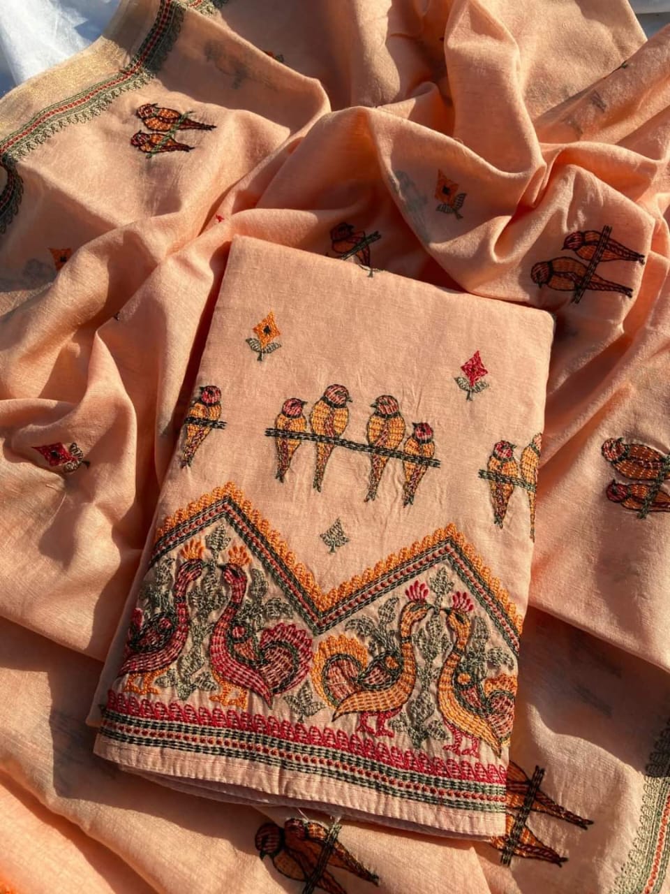 BHAGALPURI COTTON LINEN EMBROIDERY UNSTITCHED SUIT.