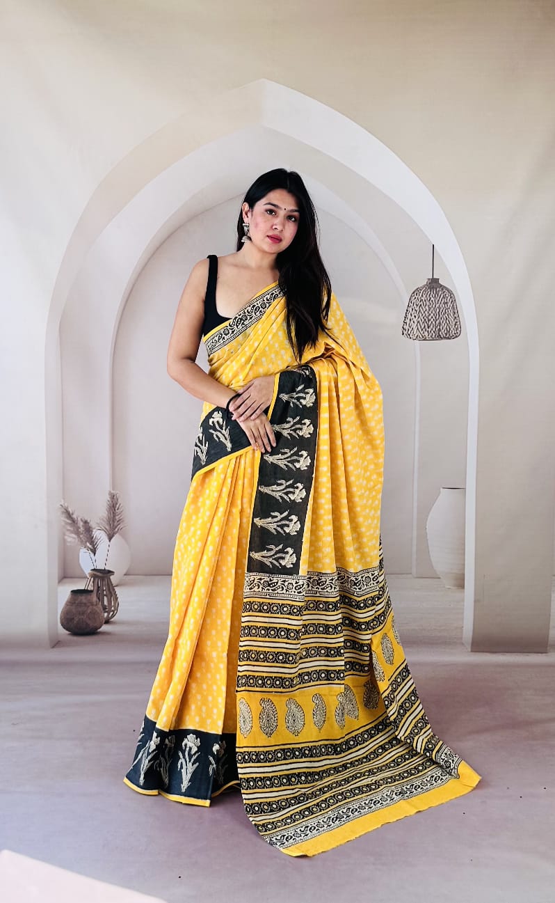 Pure Mulmul Cotton Hand Block Printed Saree With Running Blouse.