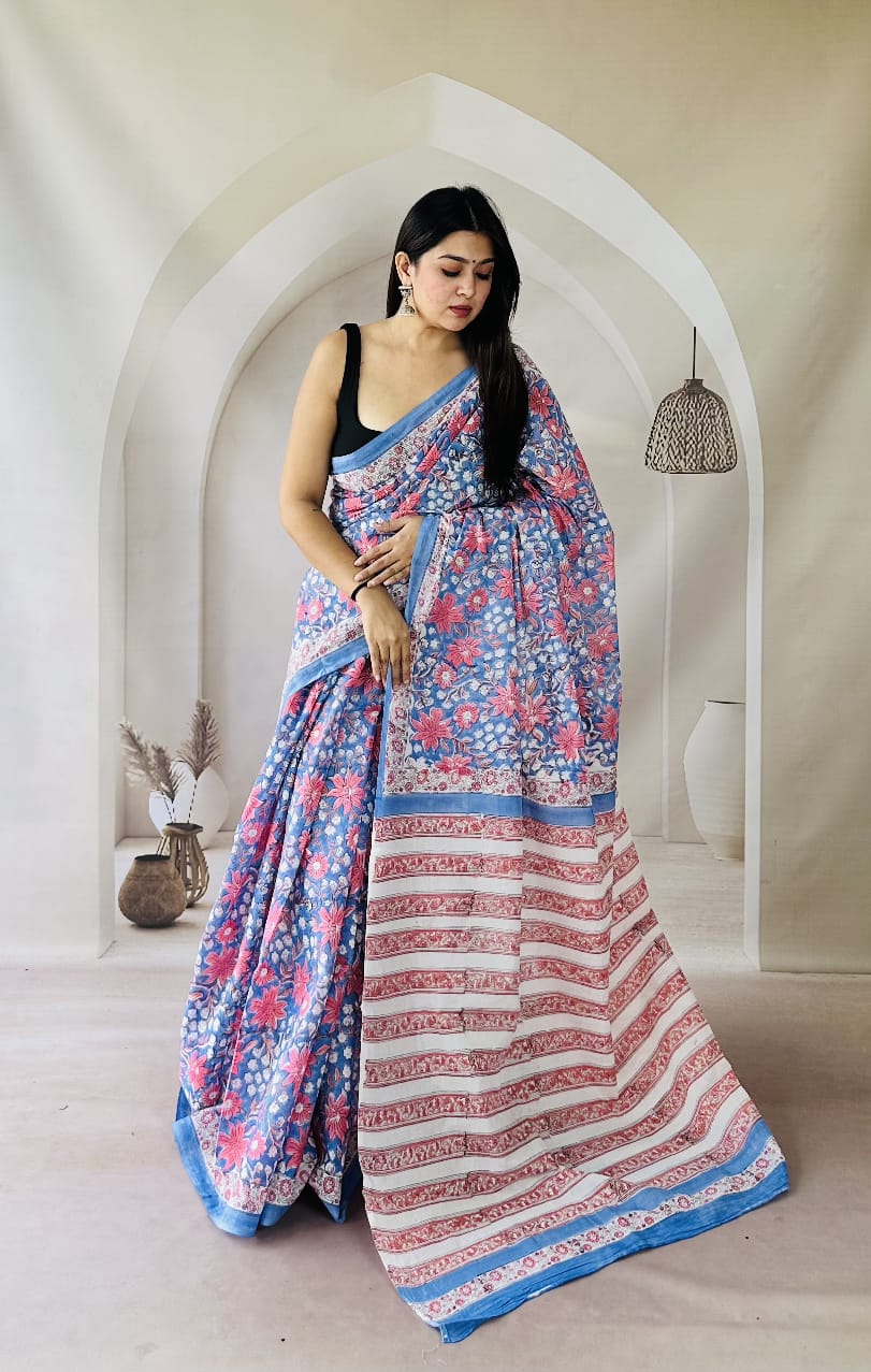 Pure Mulmul Cotton Hand Block Printed Saree With Running Blouse.