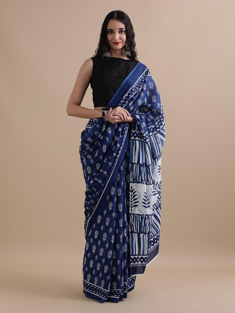 Pure Mulmul Cotton Hand Block Printed Saree With Running Blouse.