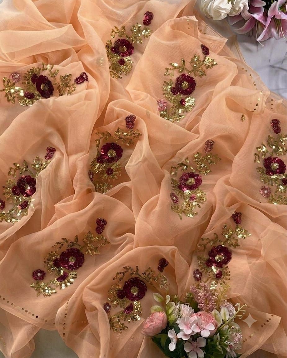 Pure Diamond Chiffon Hand Work Saree.