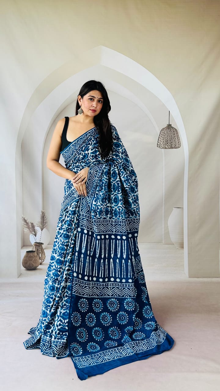 Pure Mulmul Cotton Hand Block Printed Saree With Running Blouse.