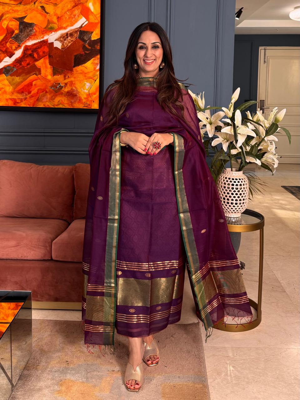 Pure Maheswari Silk Cotton Handwoven Unstitch Suit.