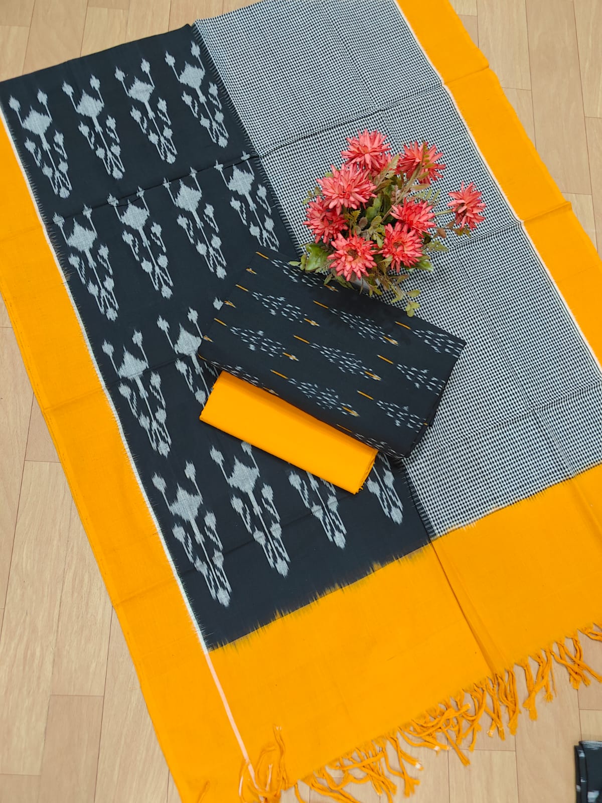 Beautiful Pure Cotton Double Ikkat Unstitched Suit.