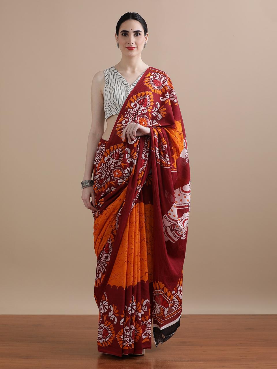 Pure Mulmul Cotton Hand Block Printed Saree With Running Blouse.