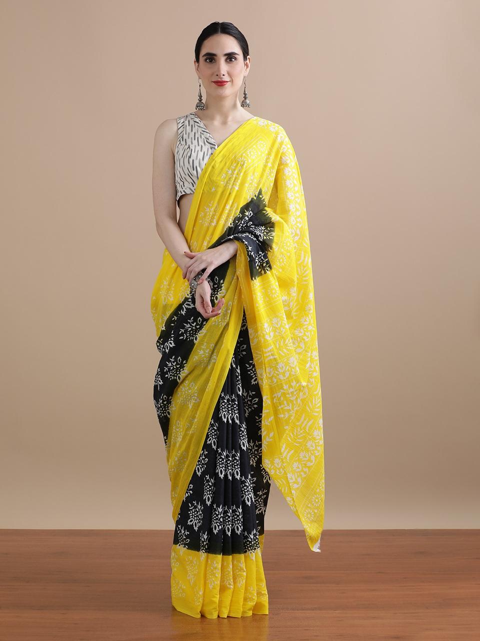Pure Mulmul Cotton Hand Block Printed Saree With Running Blouse.