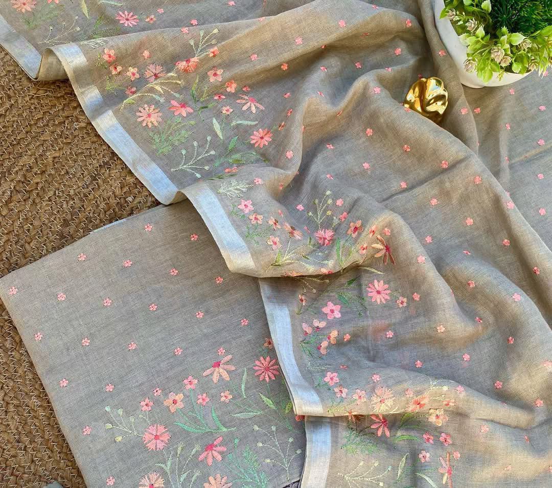 BHAGALPURI COTTON LINEN EMBROIDERY UNSTITCHED SUIT.