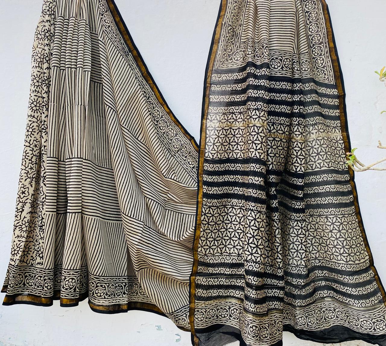 Pure Chanderi Silk Hand-block Printed Saree.