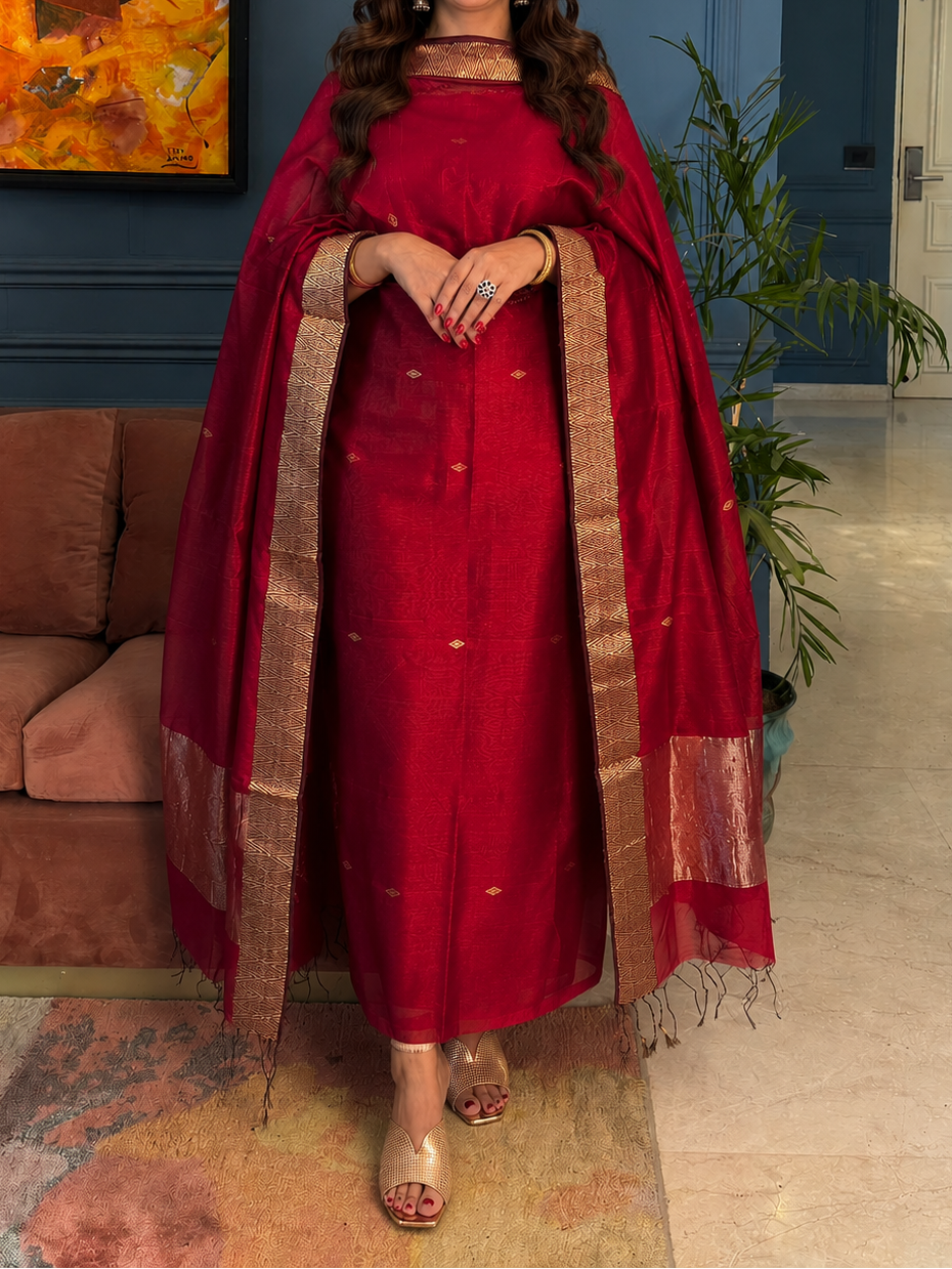 Pure Maheswari Silk Cotton Handwoven Unstitch Suit.