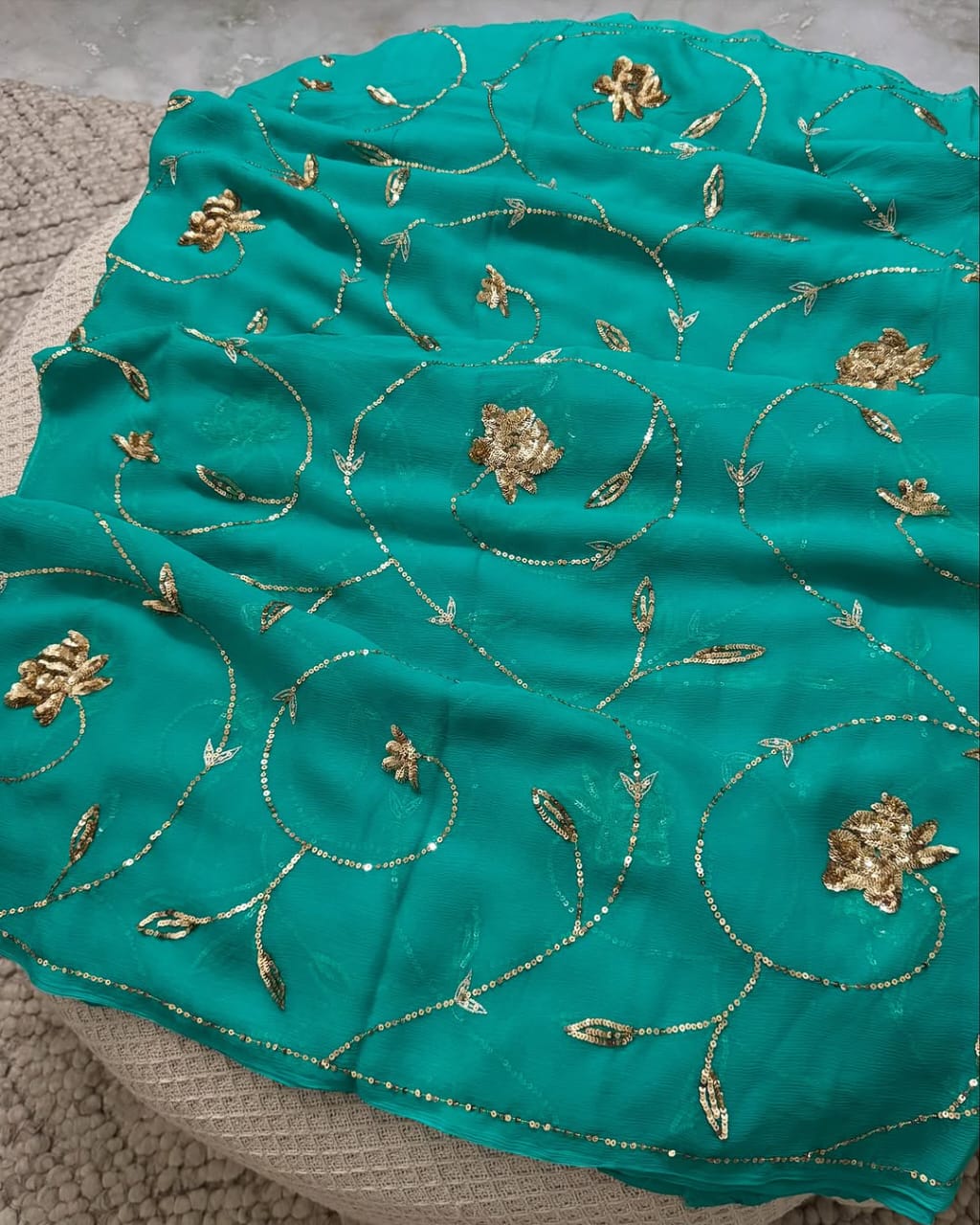 Pure Diamond Chiffon Hand Work Saree With Blouse.