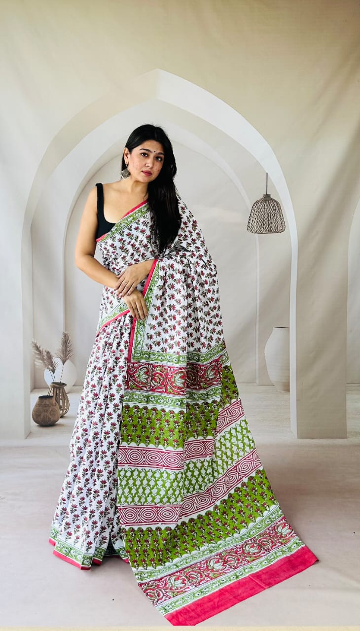 Pure Mulmul Cotton Hand Block Printed Saree With Running Blouse.