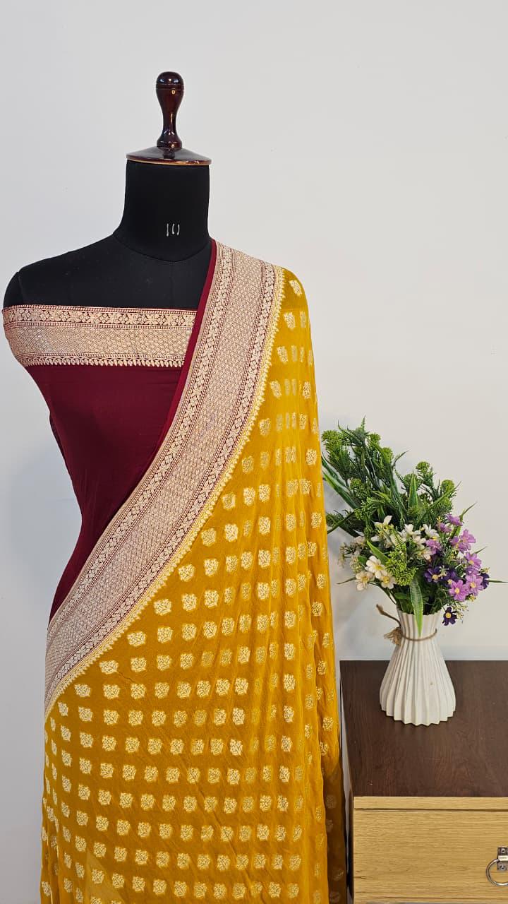 Pure Handloom Khaddi Georgette Saree Zari Work.