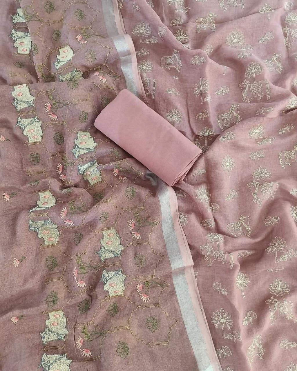 BHAGALPURI COTTON LINEN EMBROIDERY UNSTITCHED SUIT.