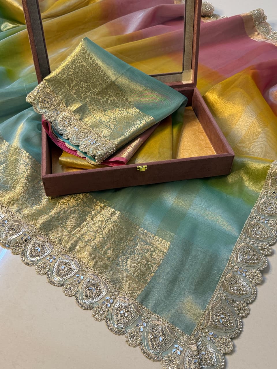 Multi Shade Glass Tissue Saree with Soft Mirror Lace Border