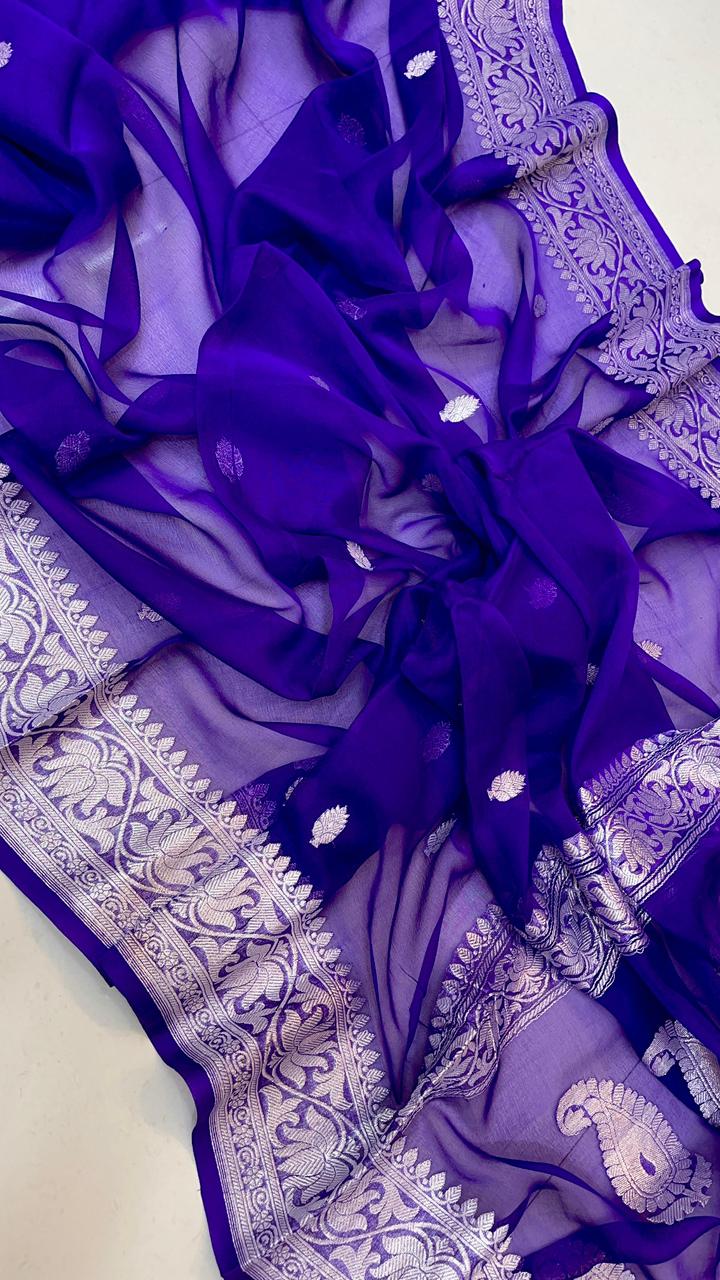 Pure Handloom Khaddi Chiffon Georgette Saree With Silver Zari Weaving Blouse ( length- 6.3 meter )