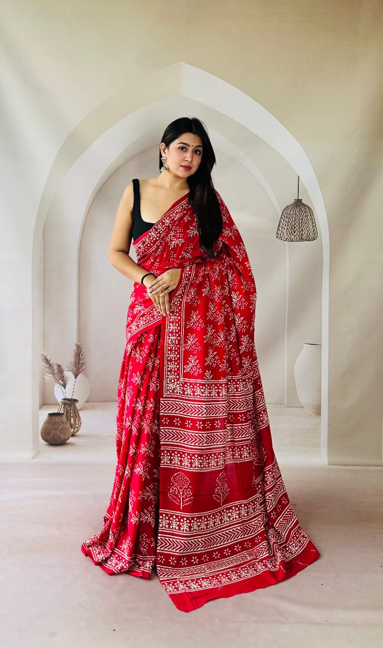 Pure Mulmul Cotton Hand Block Printed Saree With Running Blouse.