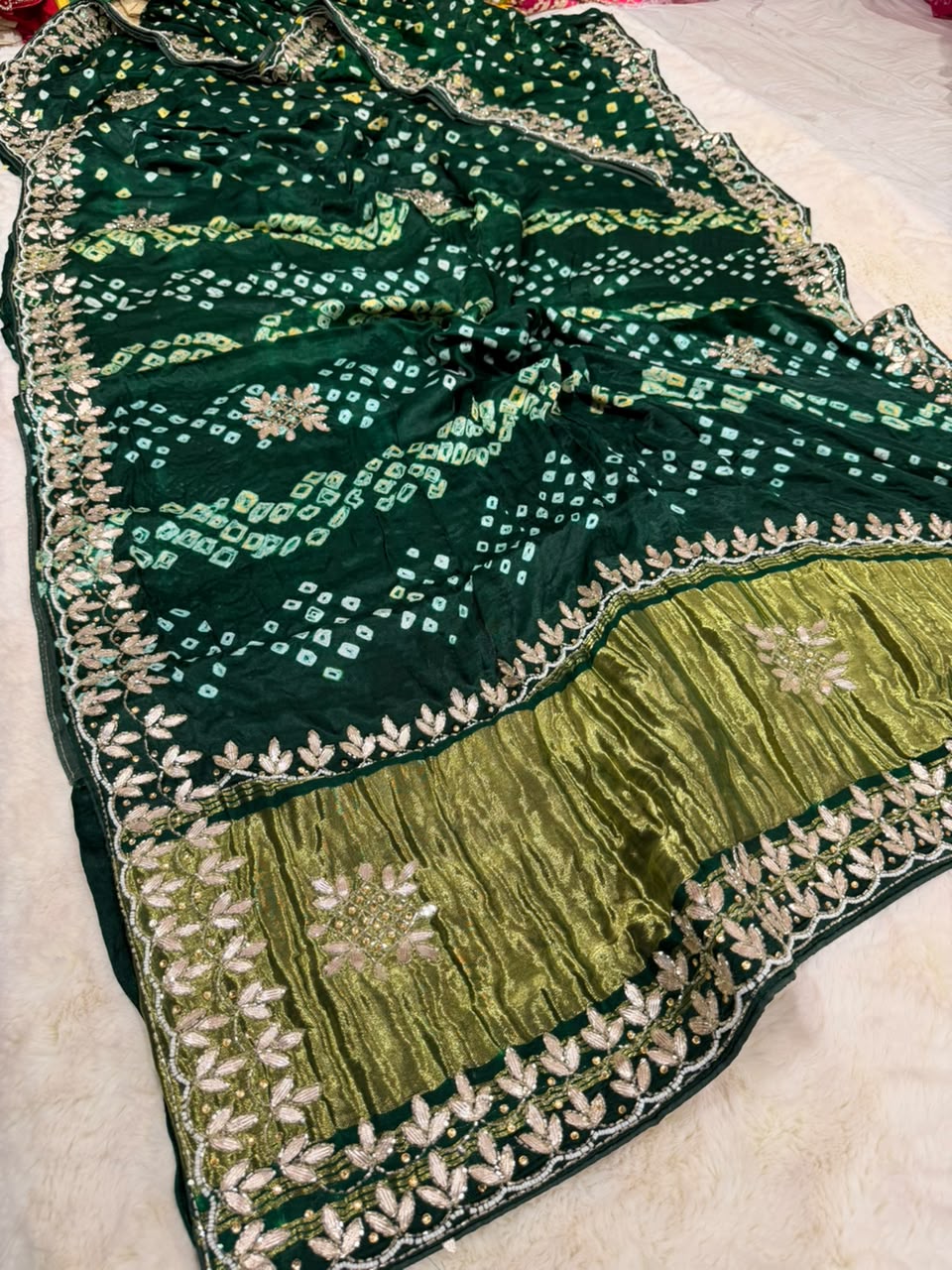 Pure Modal Gajji Silk Bandhej Hand work Gota Patti Work Saree.