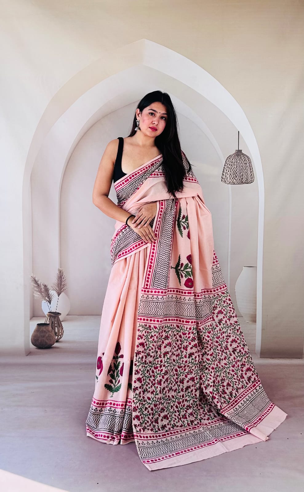 Pure Mulmul Cotton Hand Block Printed Saree With Running Blouse.