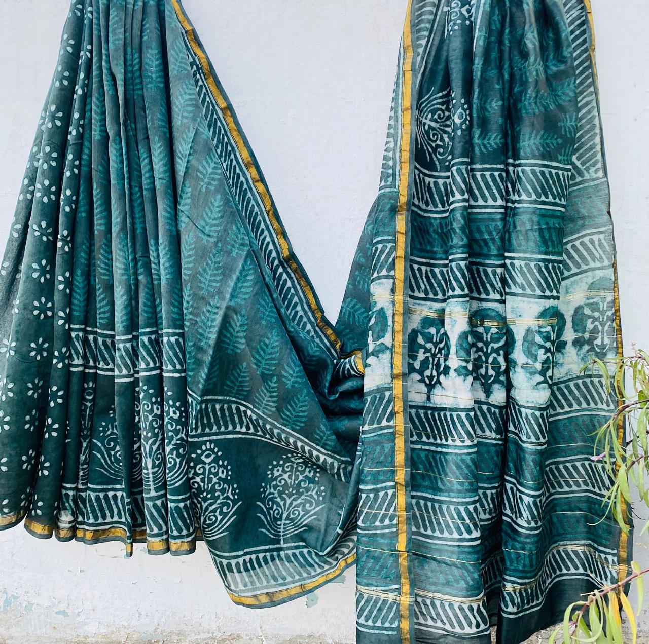 Pure Chanderi Silk Hand-block Printed Saree.