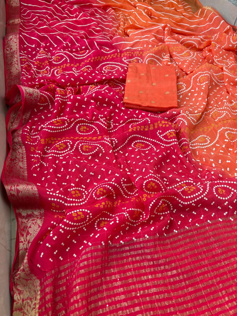 Pure Chinon Chiffon Bandhani Leheriya Saree