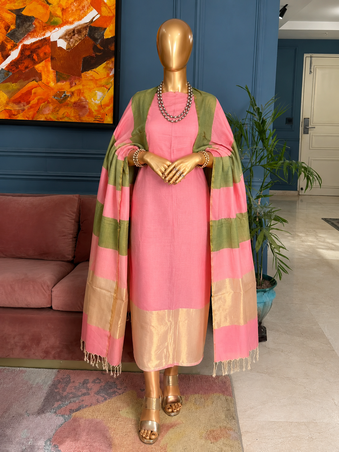 Pure Maheswari Silk Cotton Handwoven Unstitch Suit.