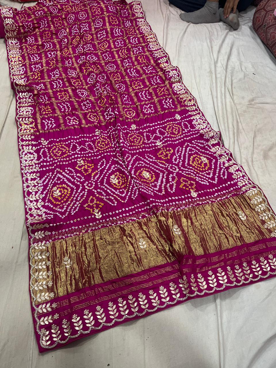 Pure Modal Gajji Silk Bandhej Hand work Gota Patti Work Saree.