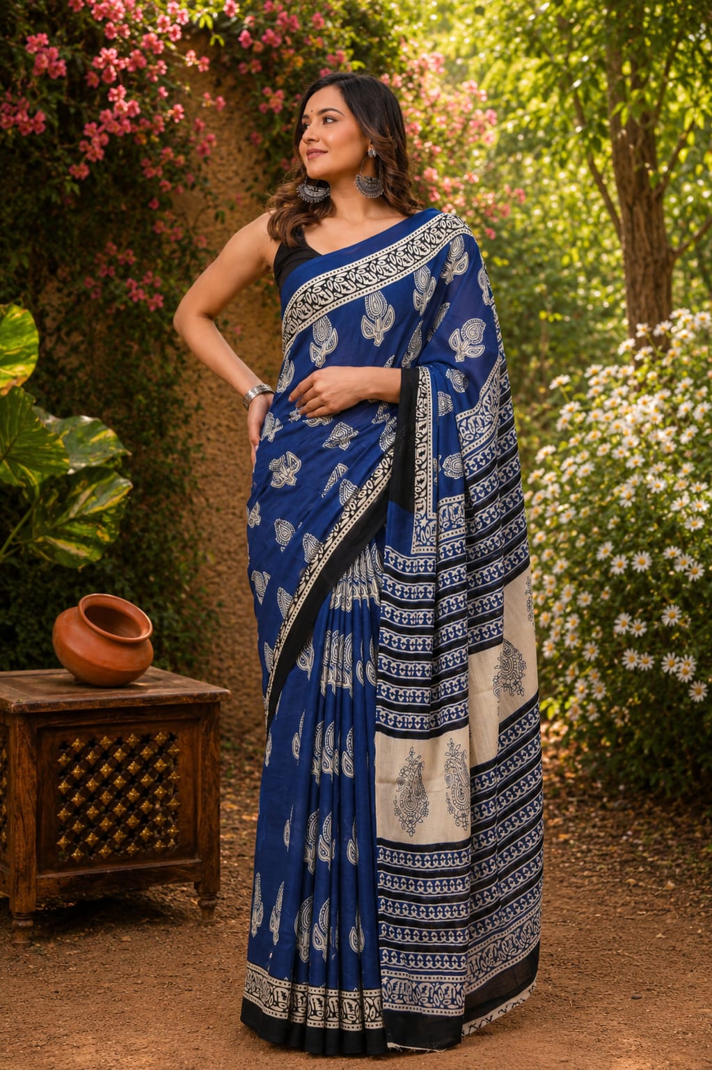 Pure Cotton Hand Block Printed Saree With Blouse.