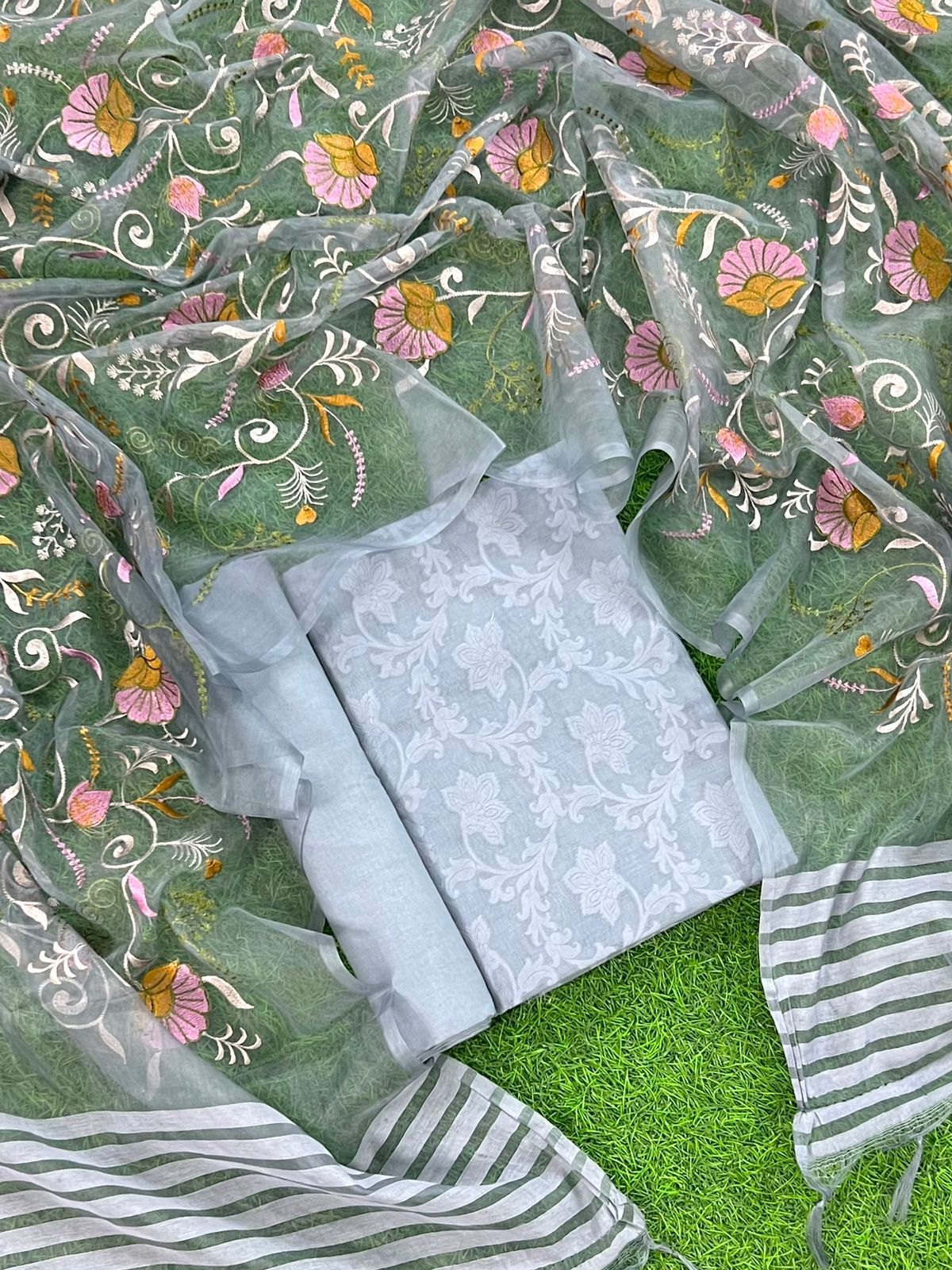 Banarasi Chanderi Unstitched Suit Organza Multi thread Embroidery Dupatta.