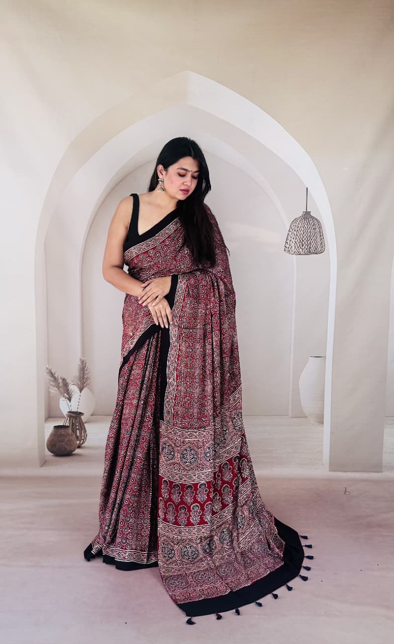 Pure Modal Silk Ajrakh Hand-block Printed Saree.