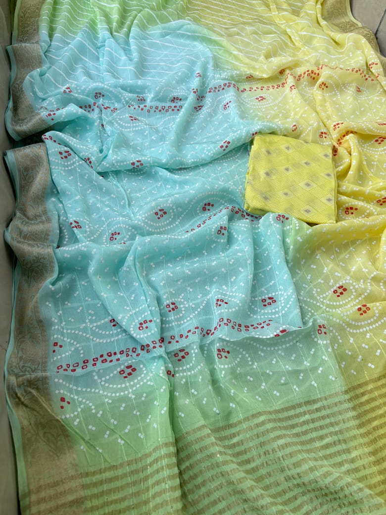 Pure Chinon Chiffon Bandhani Leheriya Saree