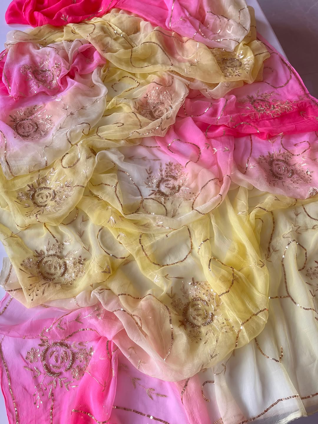 PURE DAIMOND CHIFFON BEAUTIFUL SEQUENCE AND ZARI EMBROIDERY WORK SAREE.