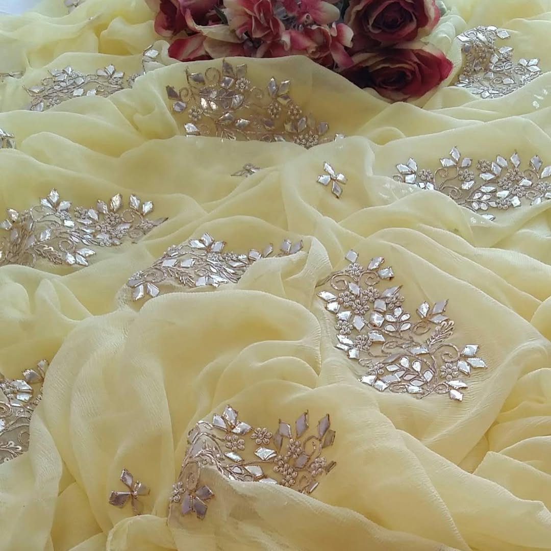 Pure Diamond Chiffon Gota Work Saree With Blouse.