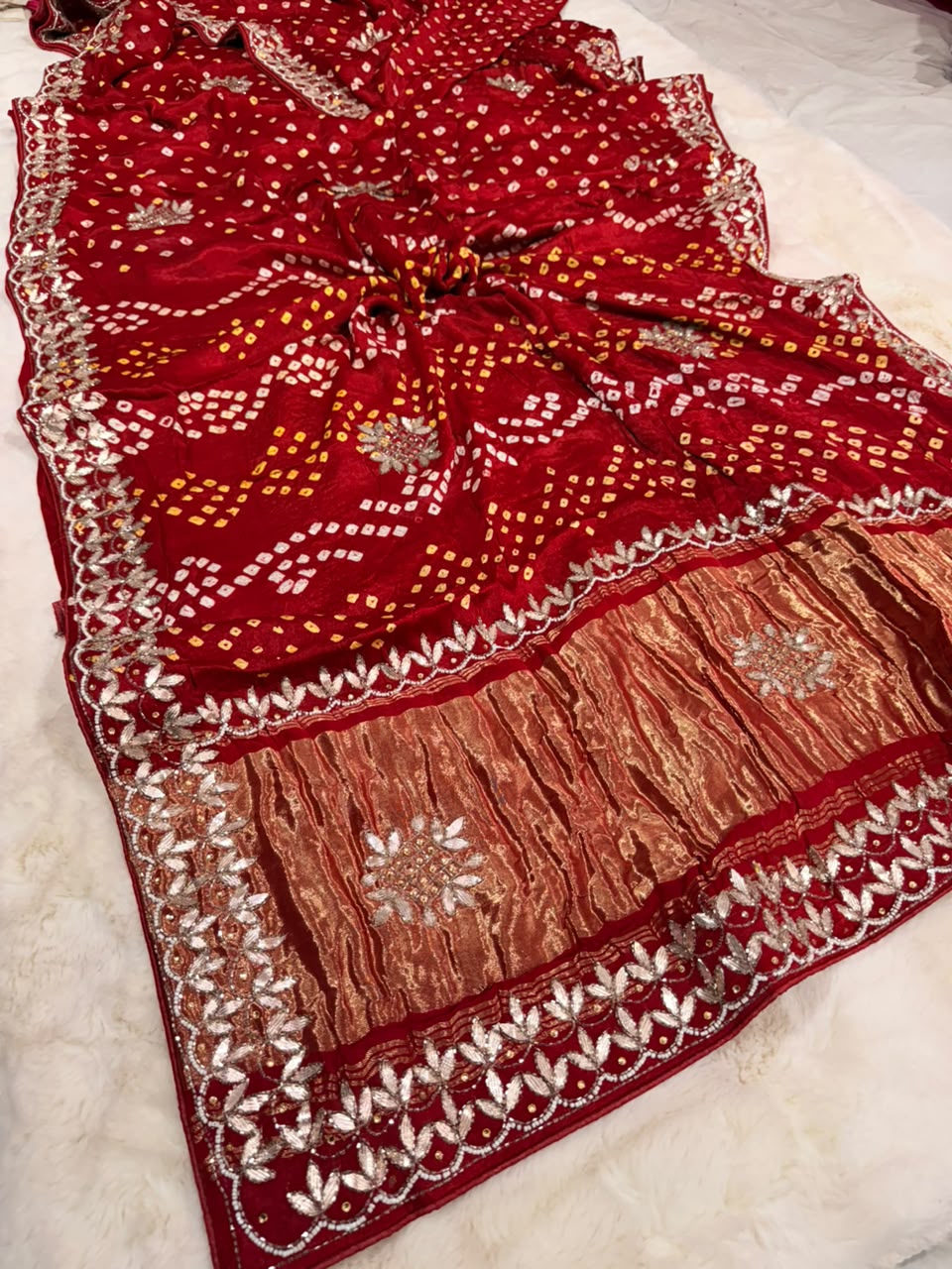 Pure Modal Gajji Silk Bandhej Hand work Gota Patti Work Saree.