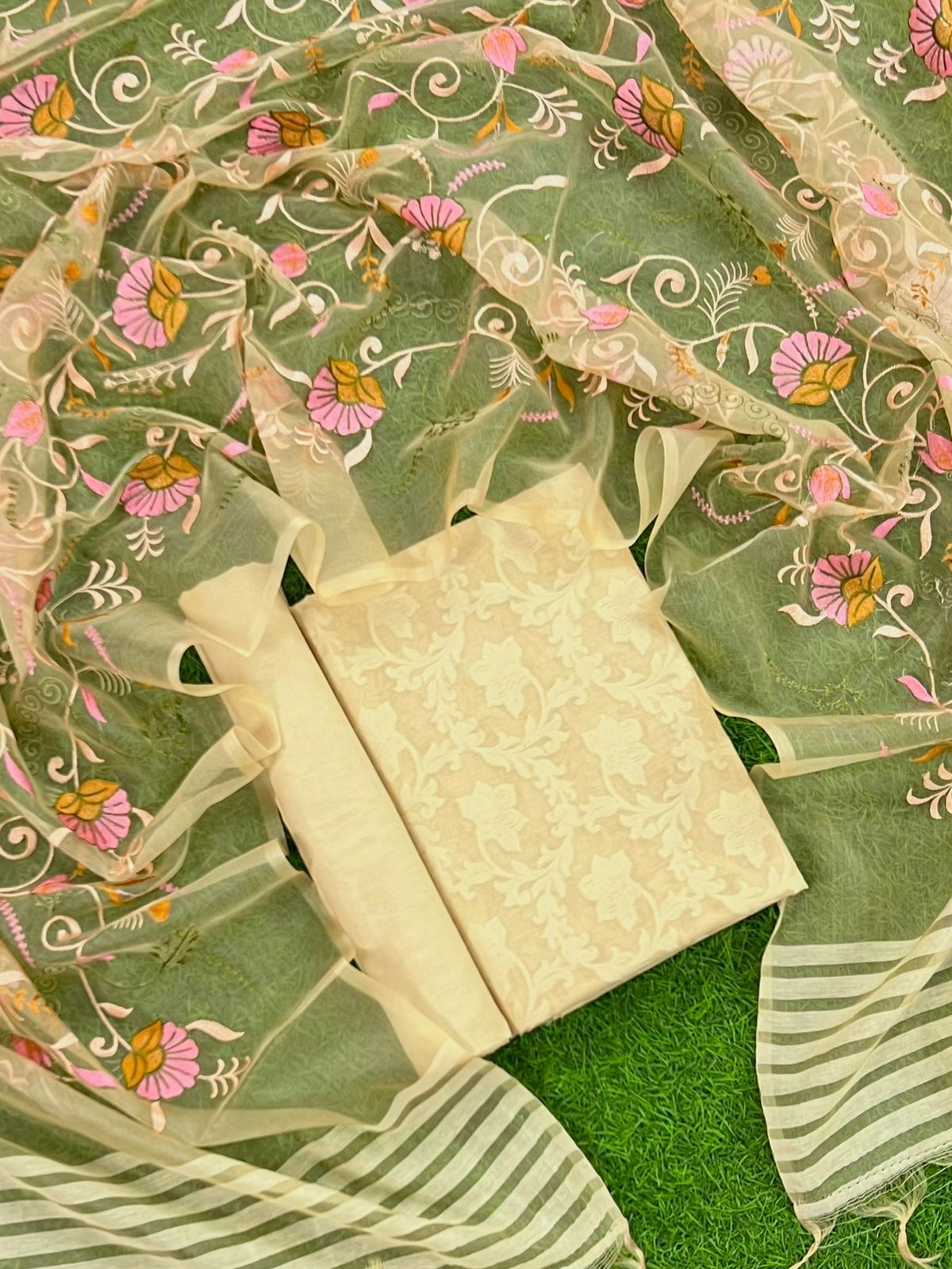 Banarasi Chanderi Unstitched Suit Organza Multi thread Embroidery Dupatta.