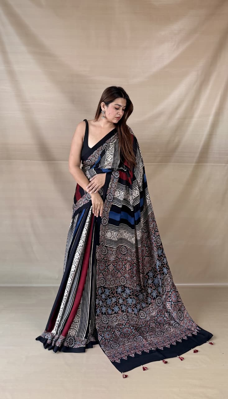 Pure Modal Silk Ajrakh Hand-block Printed Saree.