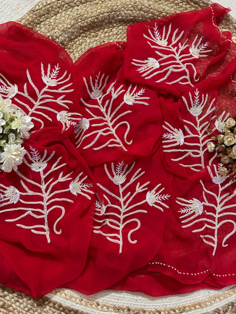 Red Color Pure Diamond Chiffon Moti Hand Work Saree.