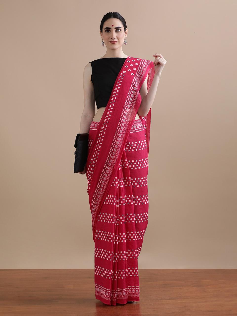 Pure Mulmul Cotton Hand Block Printed Saree With Running Blouse.