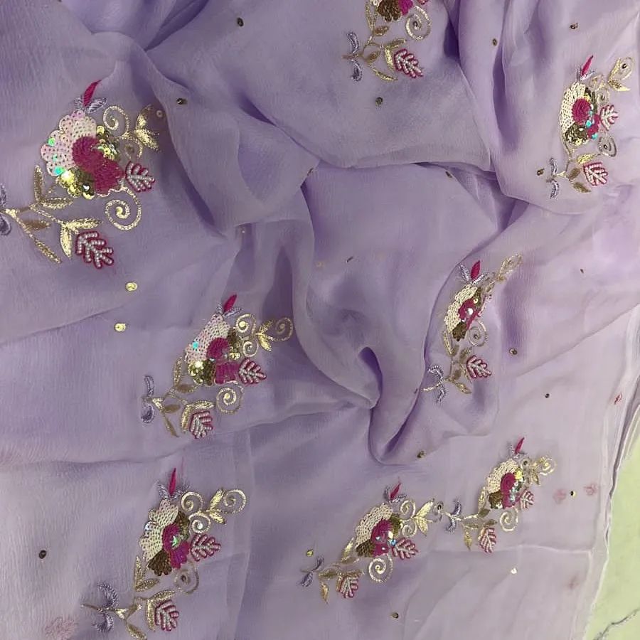 Pure Diamond Chiffon Beautiful Katdana Embroidery Work Saree