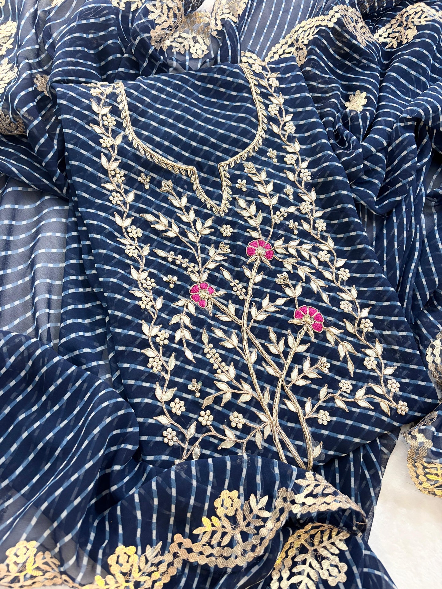 Georgette Gota pati Hand Work Unstitched Suit With Dupata.