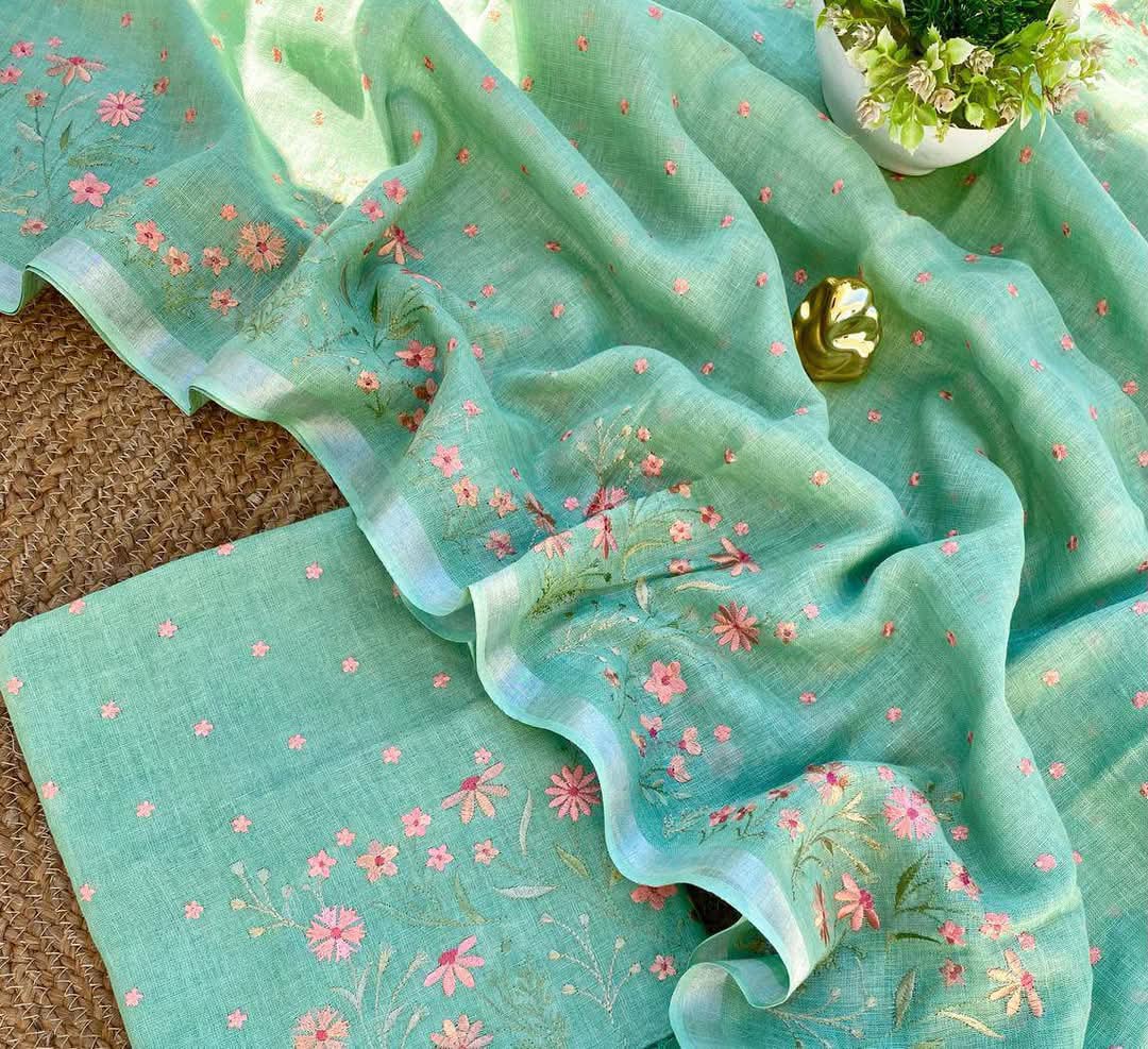 BHAGALPURI COTTON LINEN EMBROIDERY UNSTITCHED SUIT.