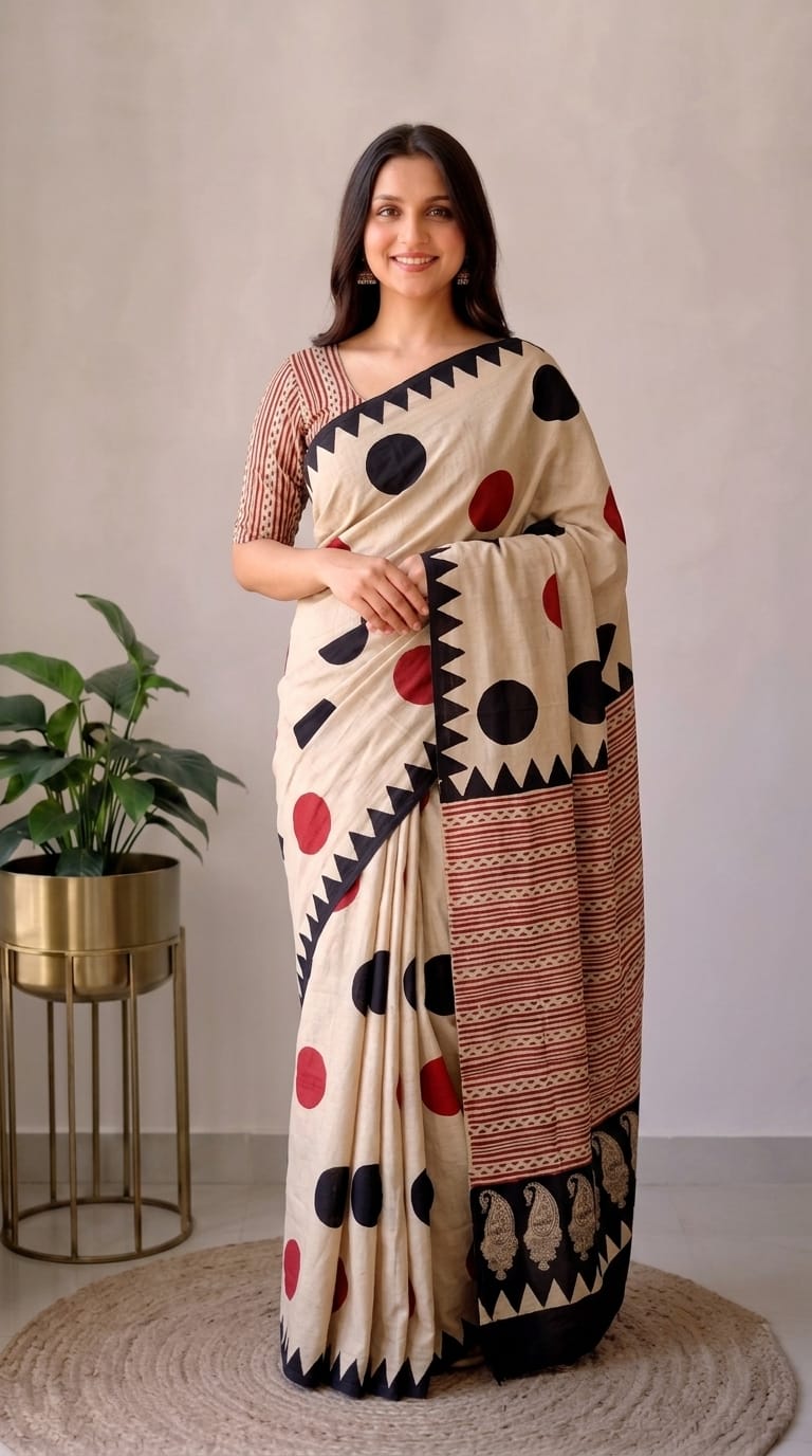 Pure Cotton Hand Block Printed Saree With Blouse.
