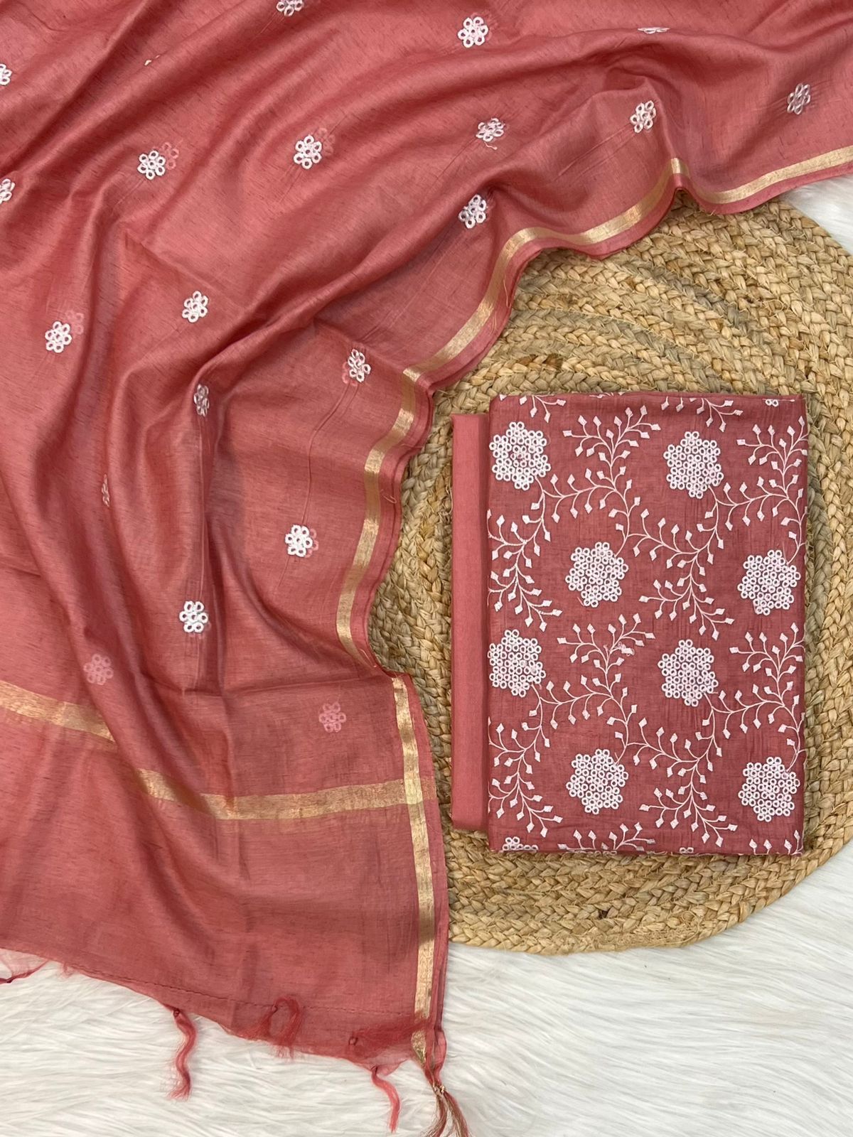 BANARASI LINEN MULTITHREAD EMBROIDERY UNSTITCHED SUIT.