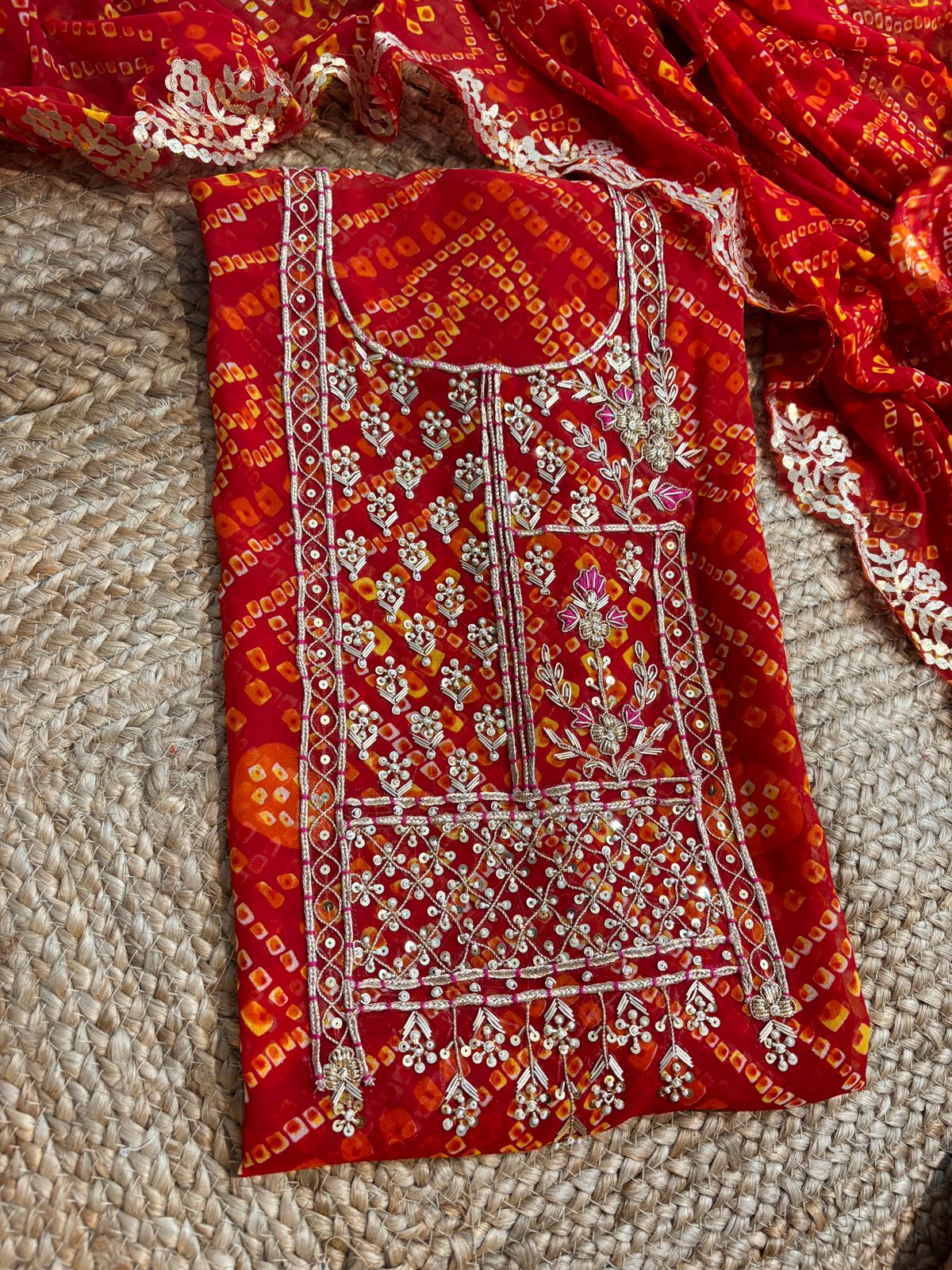 Georgette Gota pati Hand Work Unstitched Suit With Dupata.