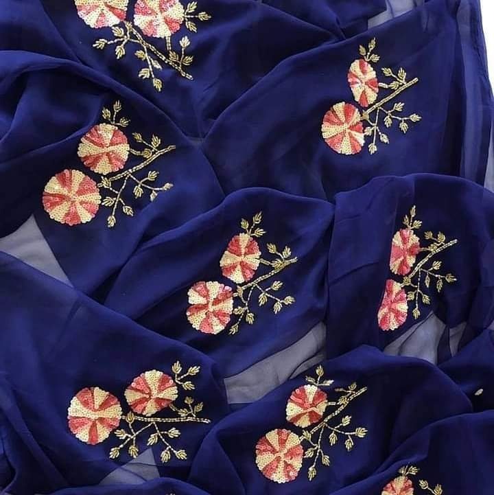 Blue Color Pure Diamond Chiffon sequence Hand Work Saree.